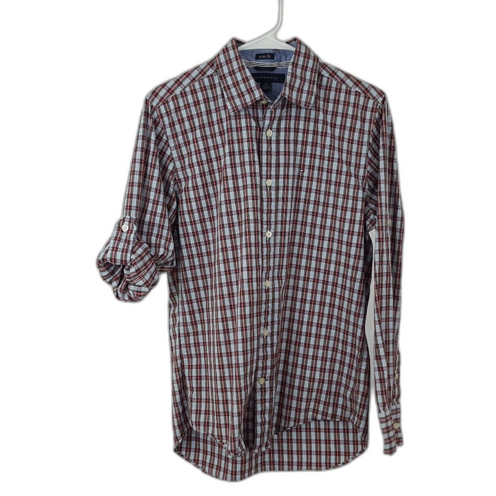 Tommy Hilfiger Trim Fit Button Shirt Plaid Multicolor Roll Tab Sleeve